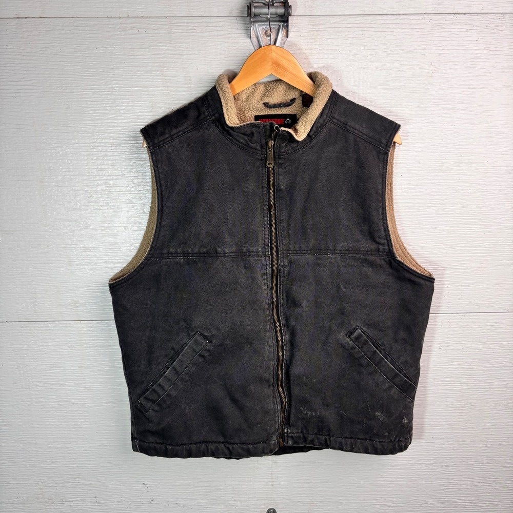 2000s Wolverine Sherpa Workwear Vest Black Canvas Faded Utility Full Zip L